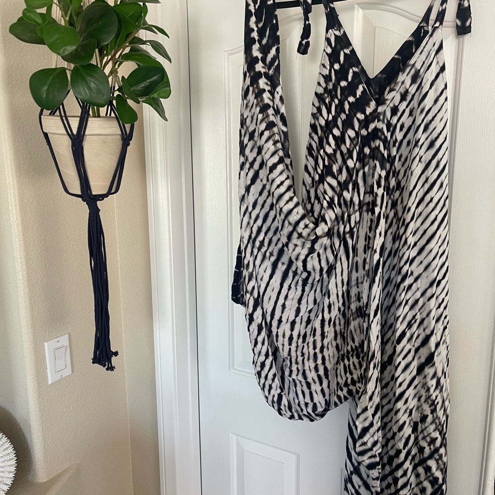 Vintage America Black and White Tie Dye Flooded Leg Jumpsuit with Tied Straps